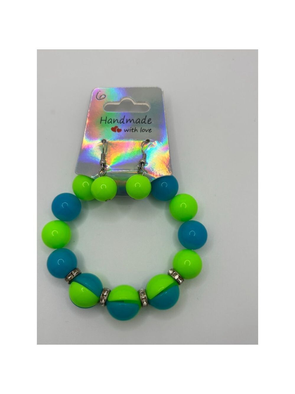 Beaded Green Blue Bracelet Set with matching earrings.